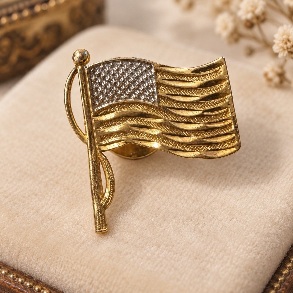 God Bless America US Flag Lapel Pin Gold Tone Waving Patriotic Tie Tack Pin